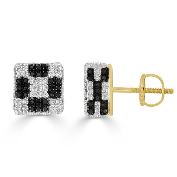 LADIES EARRINGS 1 1/6 CT WHITE/BLACK ROUND DIAMOND 10K YELLOW GOLD