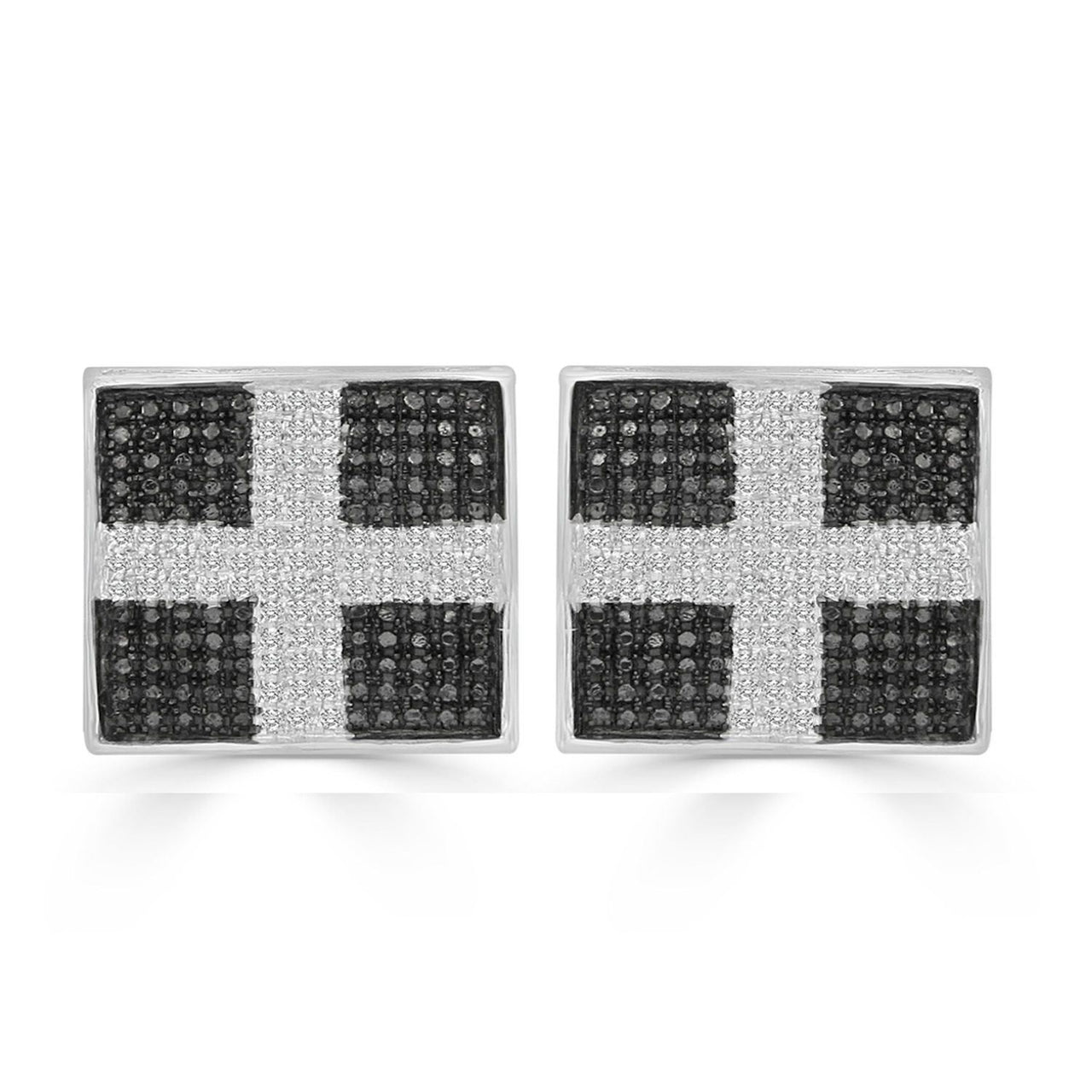 MEN'S EARRINGS 1/2 CT BLACK/WHITE ROUND DIAMOND SILVER