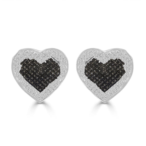 LADIES HEART EARRINGS 3/8 CT WHITE/BLACK ROUND DIAMOND STESILVER