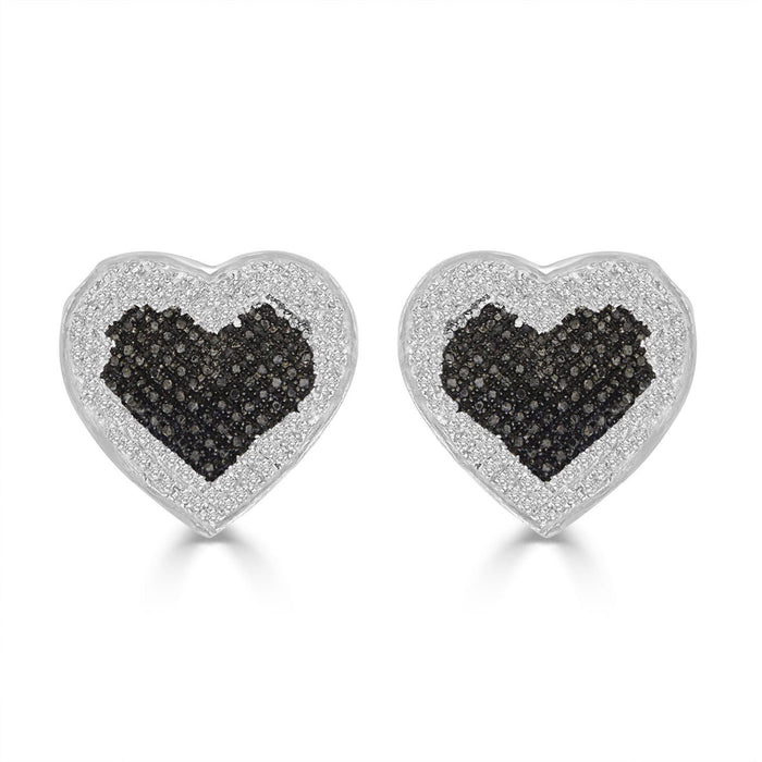 LADIES HEART EARRINGS 3/8 CT WHITE/BLACK ROUND DIAMOND STESILVER