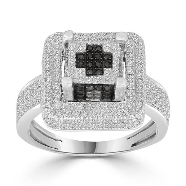 LADIES RING 7/8 CT WHITE/BLACK ROUND DIAMOND SILVER