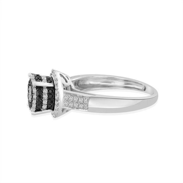 LADIES RING 1/2 CT WHITE/BLACK ROUND DIAMOND SILVER