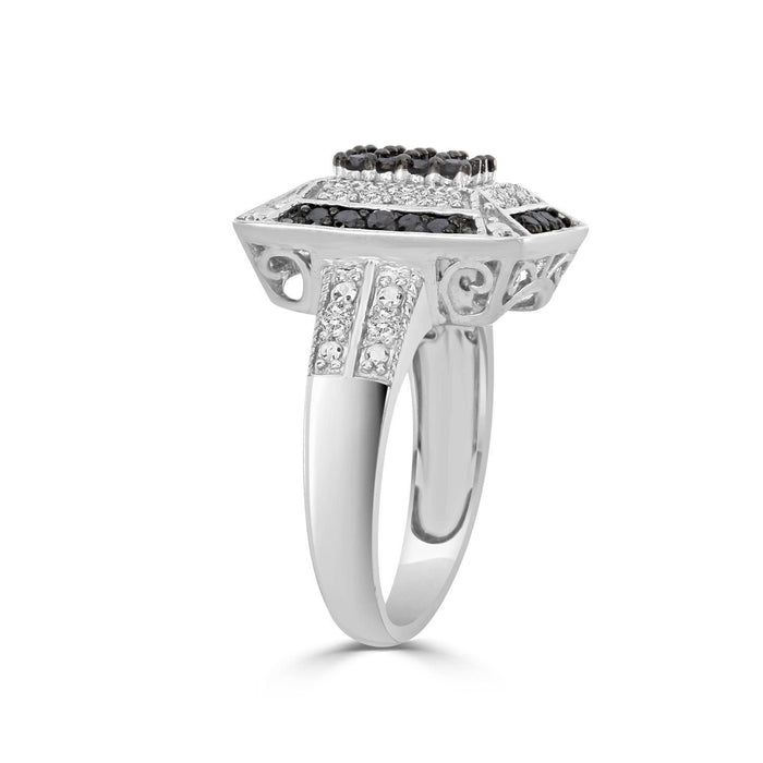 LADIES RING 7/8 CT WHITE/BLACK ROUND DIAMOND SILVER