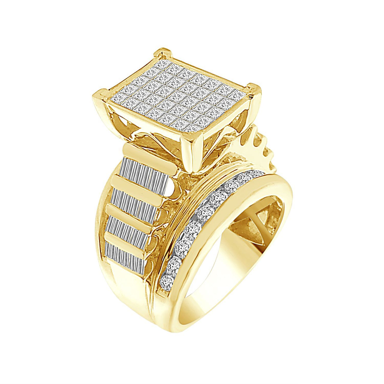 LADIES RING 3 CT ROUND/PRINCESS/BAGUETTE DIAMOND 10K YELLOW GOLD