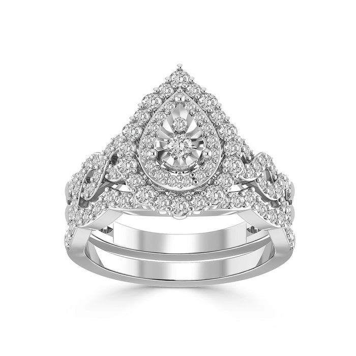 LADIES BRIDAL RING SET 1 CT ROUND DIAMOND 14K WHITE GOLD