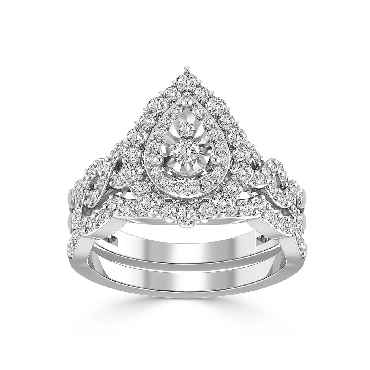 LADIES BRIDAL RING SET 1 CT ROUND DIAMOND 14K WHITE GOLD