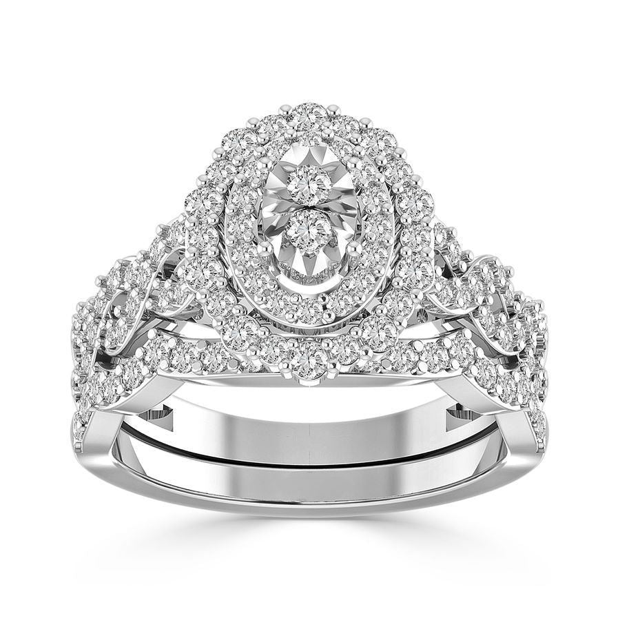 LADIES BRIDAL RING SET 1 CT ROUND DIAMOND 14K WHITE GOLD