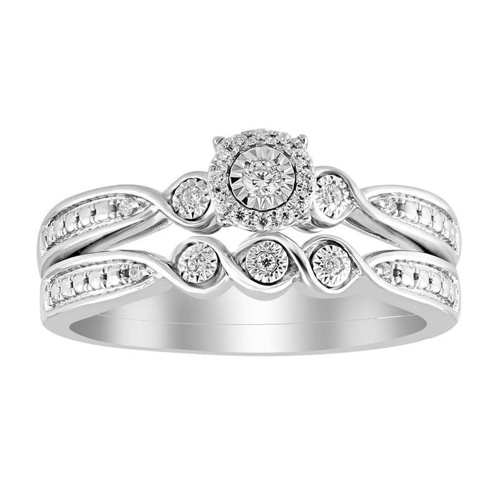 LADIES BRIDAL RING SET 1/10 CT ROUND DIAMOND SILVER