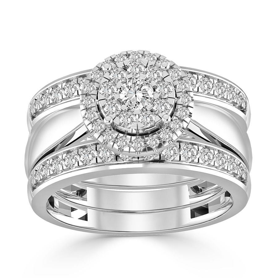LADIES BRIDAL RING SET 1 CT ROUND DIAMOND 14K WHITE GOLD