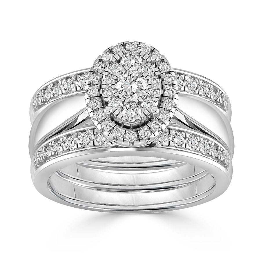 LADIES BRIDAL RING SET 1 CT ROUND DIAMOND 14K WHITE GOLD
