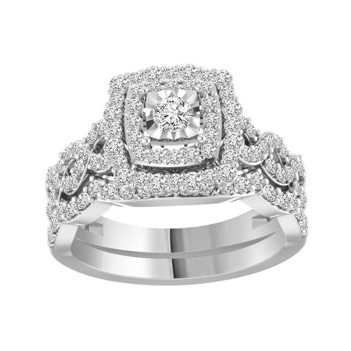 LADIES BRIDAL RING SET 1 CT ROUND DIAMOND 14K WHITE GOLD