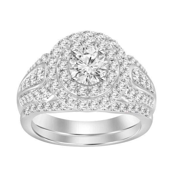 LADIES BRIDAL RING SET 1 CT ROUND DIAMOND 14K WHITE GOLD