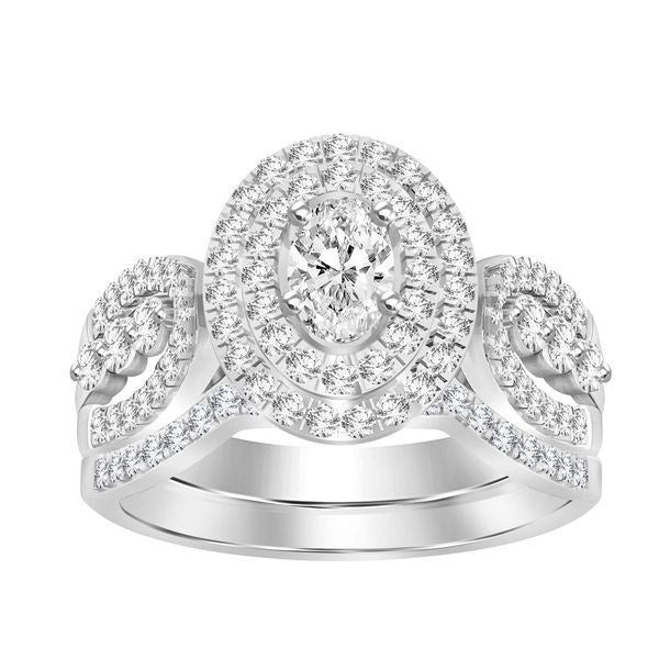LADIES BRIDAL RING SET 1 CT ROUND/OVAL DIAMOND 14K WHITE GOLD