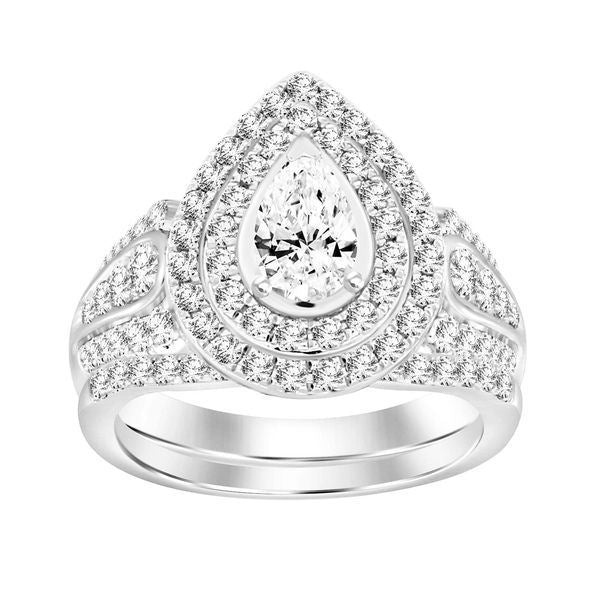 LADIES BRIDAL RING SET 1 CT ROUND/PEAR DIAMOND 14K WHITE GOLD