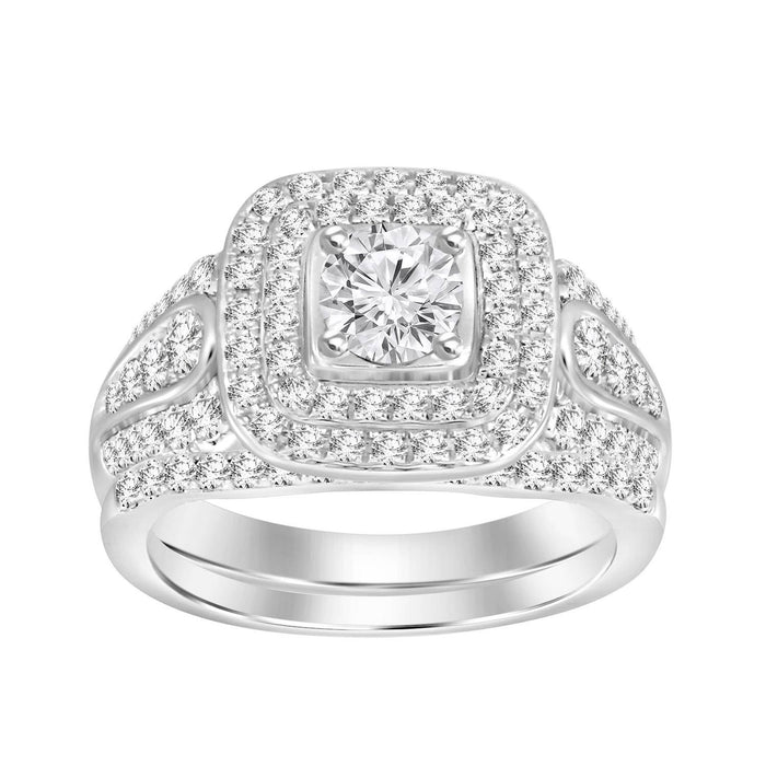 LADIES BRIDAL RING SET 1 CT ROUND DIAMOND 14K WHITE GOLD