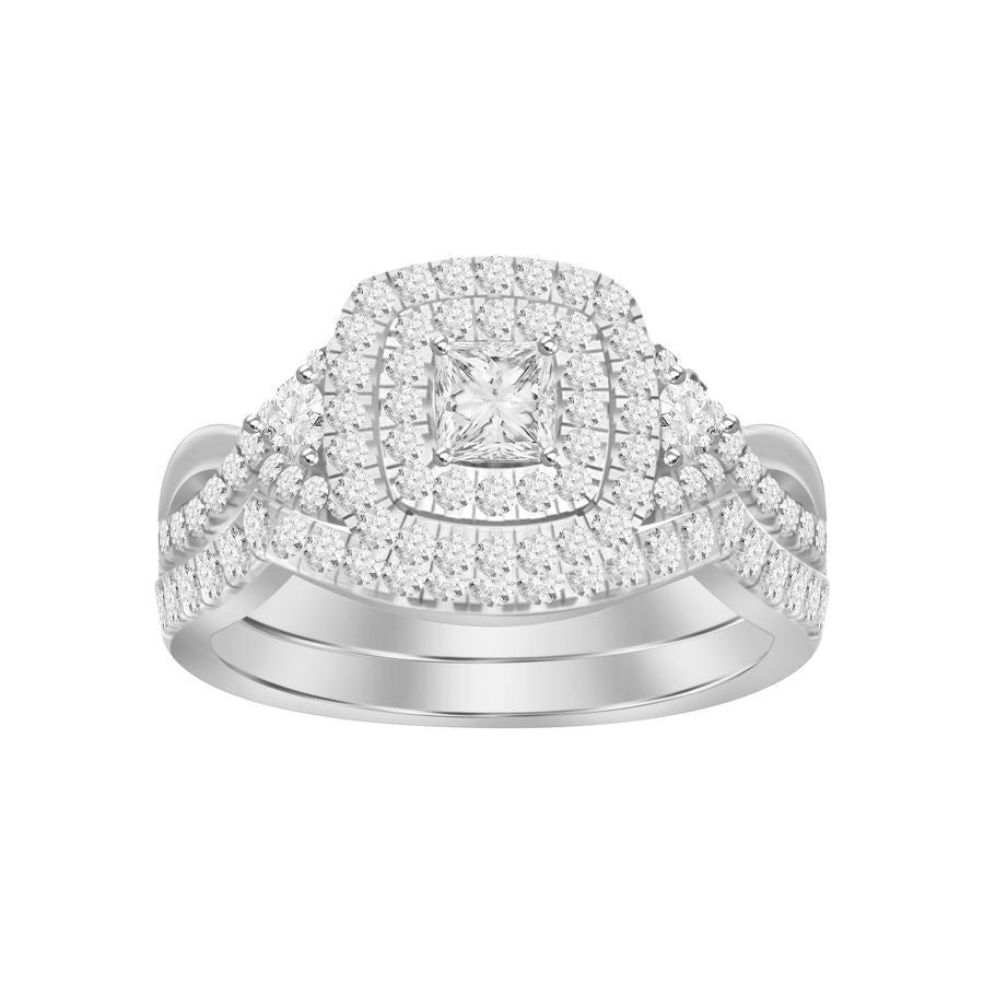LADIES BRIDAL RING SET 3/4 CT ROUND/PRINCESS DIAMOND 14K WHITE GOLD