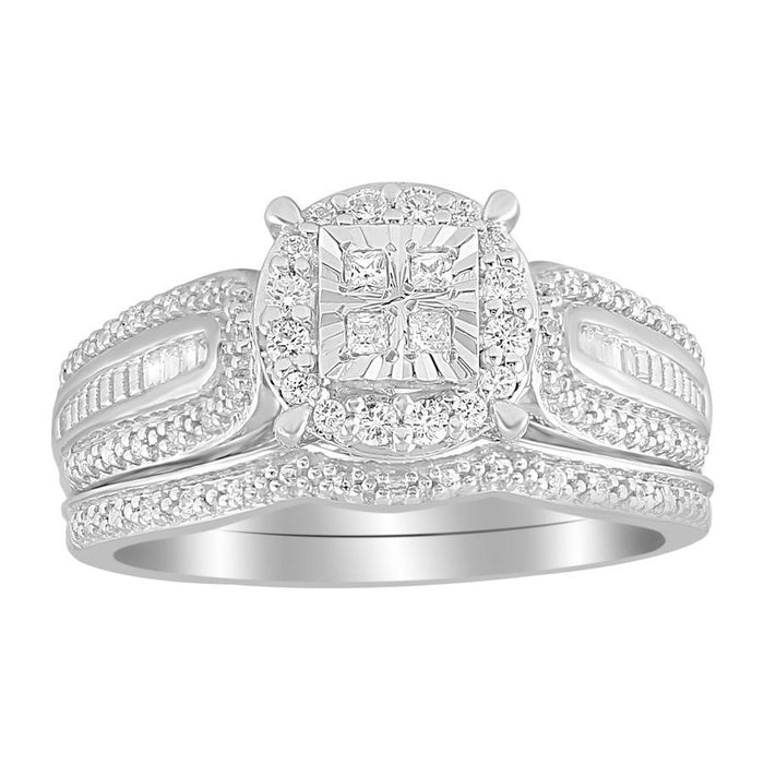 LADIES BRIDAL RING SET 1/3 CT ROUND/PRINCESS/BAGUETTE DIAMOND 10K WHITE GOLD