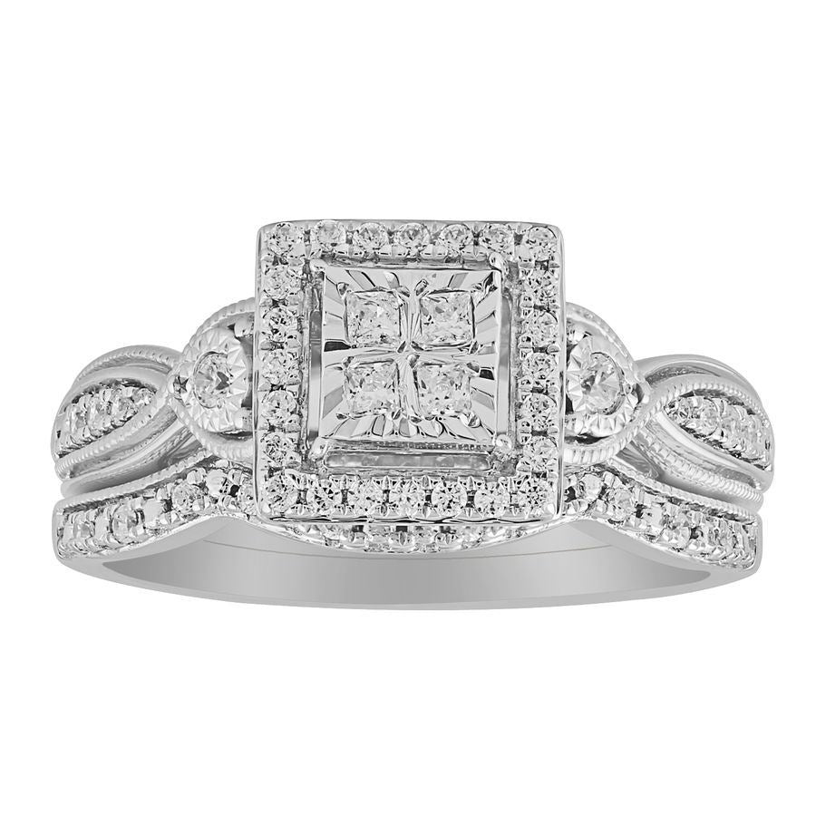 LADIES BRIDAL RING SET 1/3 CT ROUND/PRINCESS DIAMOND 10K WHITE GOLD