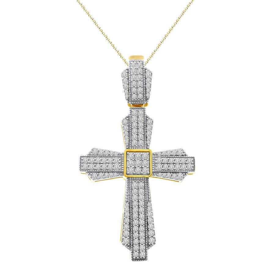 MENS CROSS PENDANT 1 CT ROUND DIAMOND 10KT YELLOW GOLD
