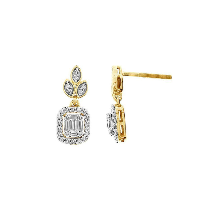 LADIES EARRING 1/2 CT ROUND/BAGUETTE DIAMOND 14K YELLOW GOLD