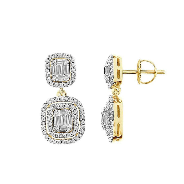 LADIES EARRING 1 CT ROUND/BAGUETTE DIAMOND 14K YELLOW GOLD