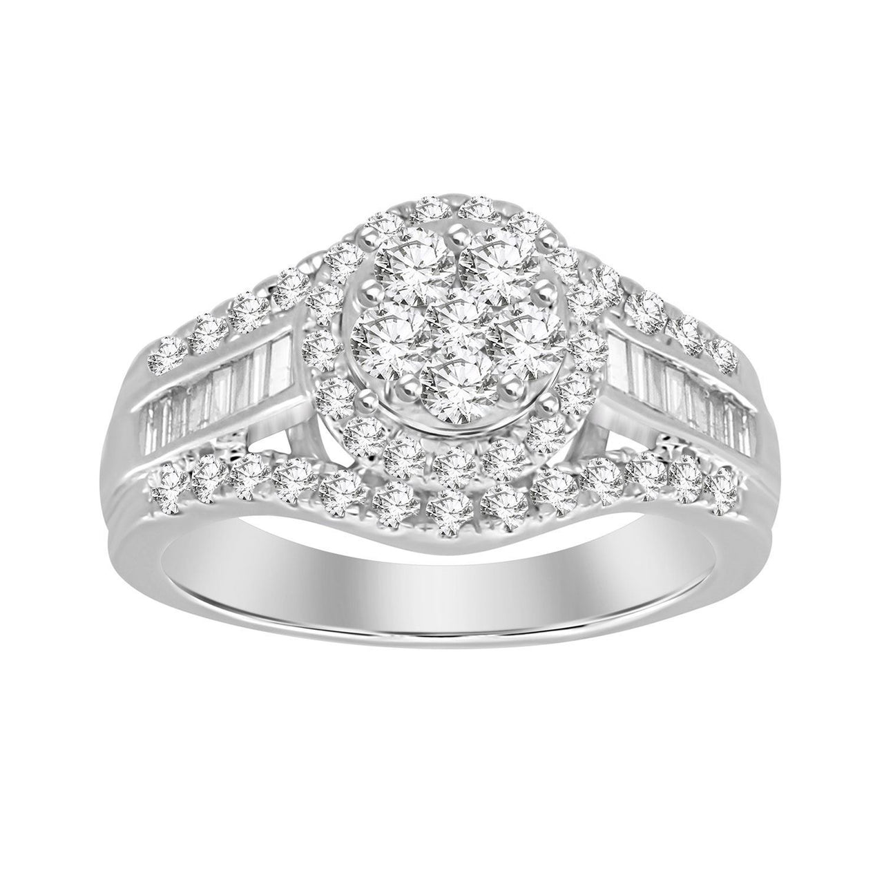 LADIES RING 1 CT ROUND/BAGUETTE DIAMOND 10K WHITE GOLD