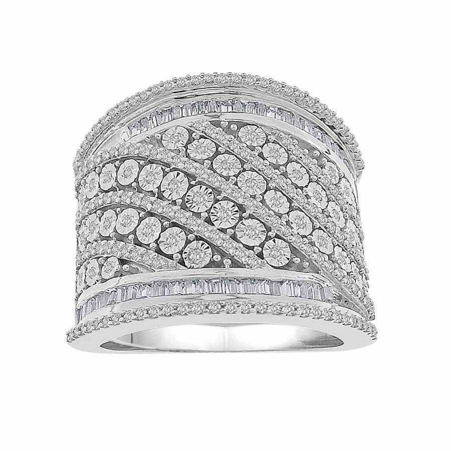 LADIES RING 1 CT ROUND/BAGUETTE DIAMOND 10K WHITE GOLD