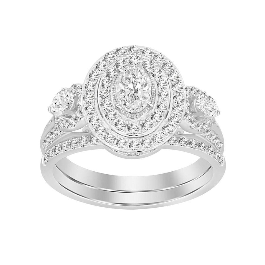 LADIES BRIDAL RING SET 1 CT ROUND/OVAL/PEAR DIAMOND 14KT WHITE GOLD
