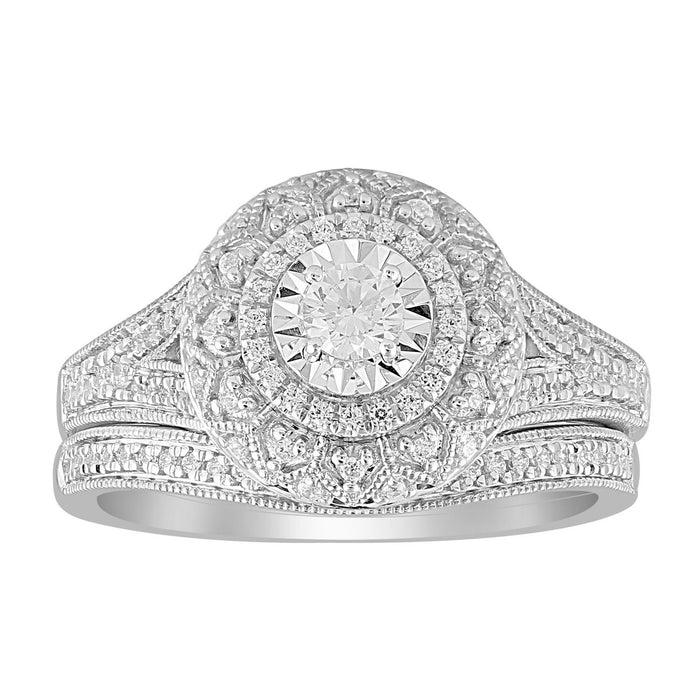 LADIES BRIDAL RING SET 1/2 CT ROUND DIAMOND 10K WHITE GOLD