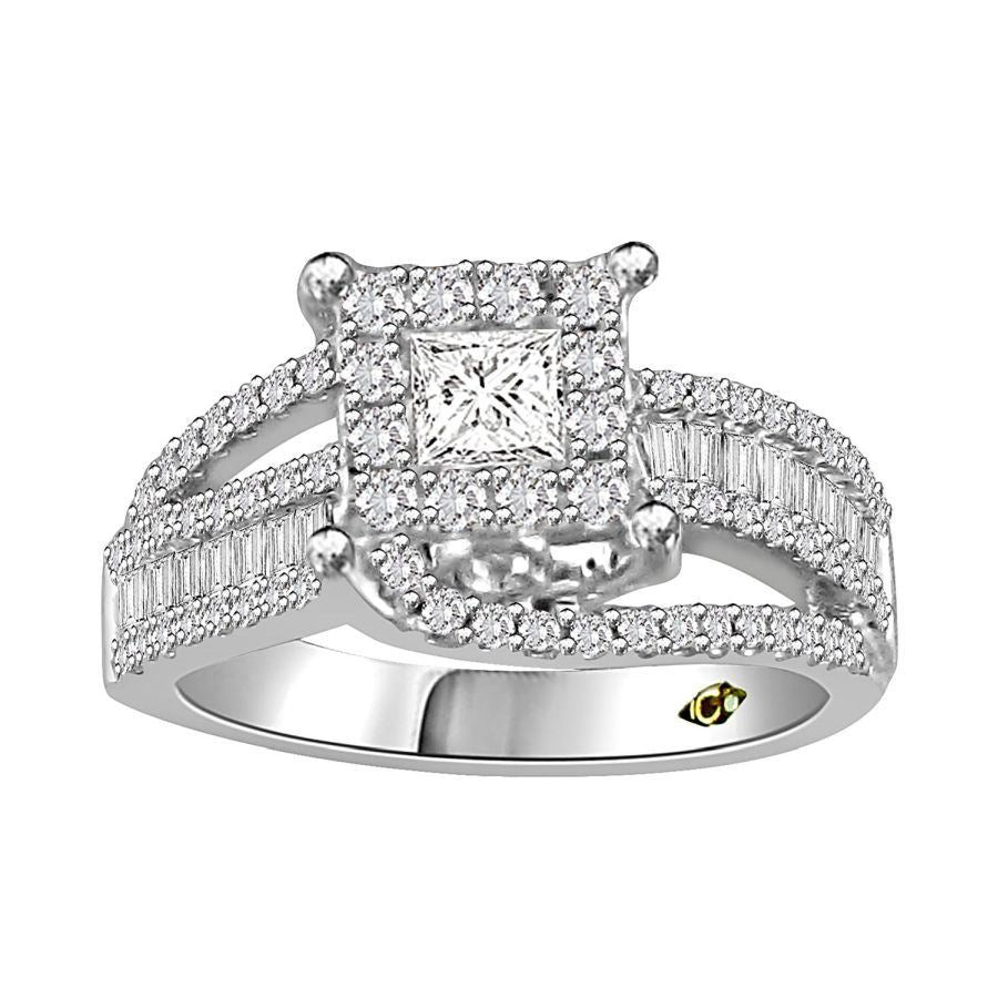 LADIES RING 1 1/4 CT ROUND/PRINCESS/BAGUETTE DIAMOND 14K WHITE GOLD