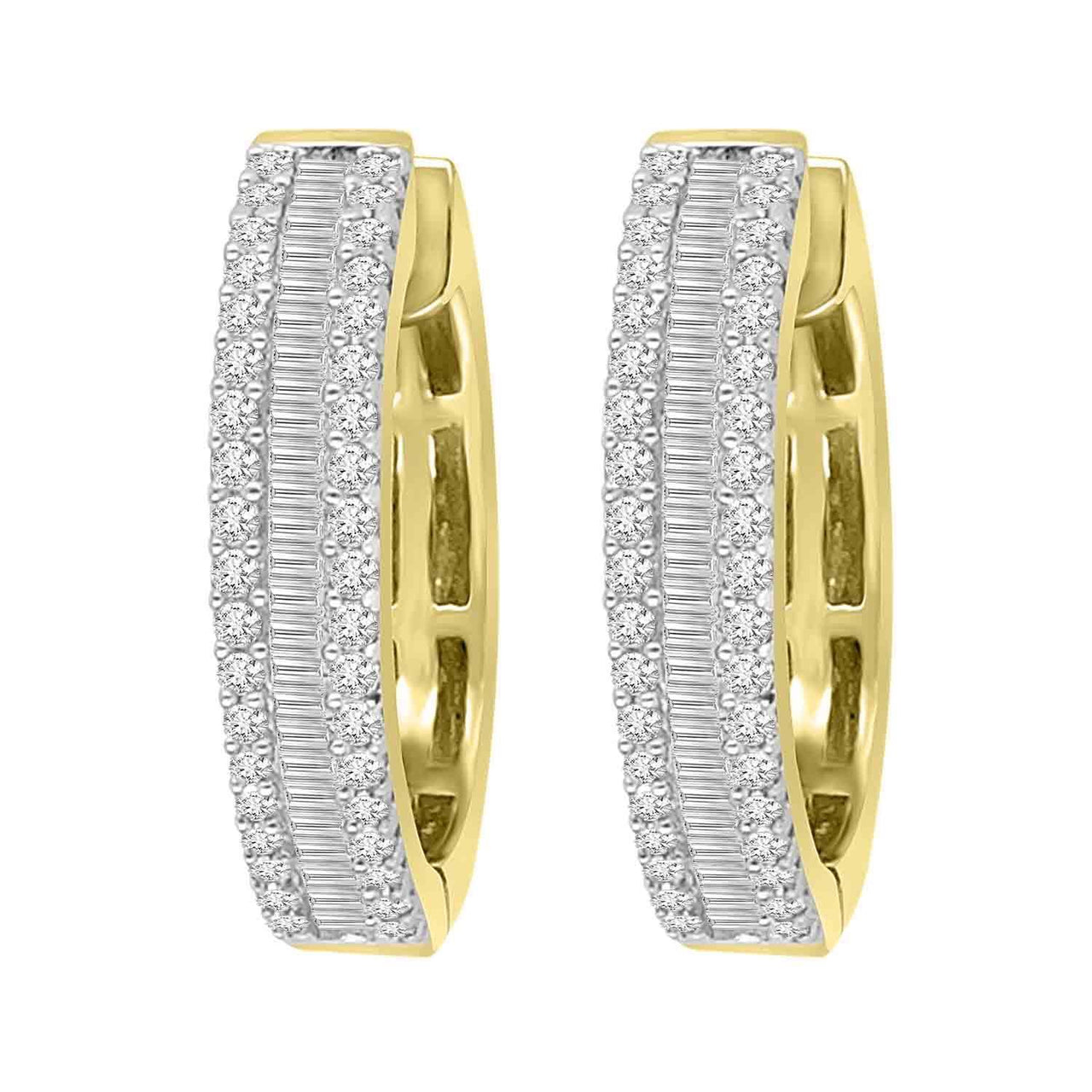LADIES HOOPS 1/2 CT ROUND/BAGUETTE DIAMOND 10K YELLOW GOLD