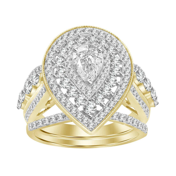 LADIES BRIDAL RING SET 2 CT ROUND/PEAR DIAMOND 14KT YELLOW GOLD