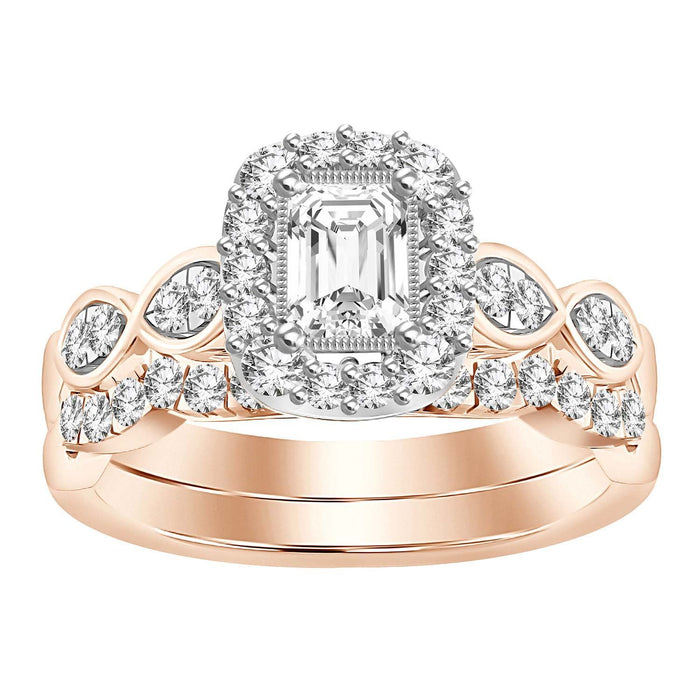 LADIES BRIDAL RING SET 1 CT ROUND/EMERALD DIAMOND 14K ROSE GOLD