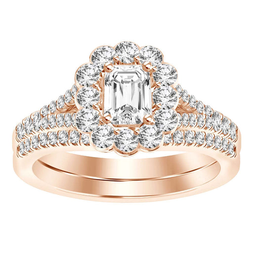 LADIES BRIDAL RING SET 1 CT ROUND/EMERALD DIAMOND 14K ROSE GOLD