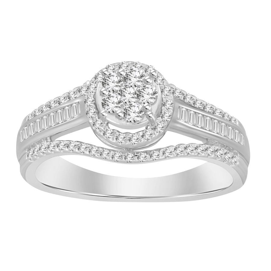 LADIES RING 1/2 CT ROUND/BAGUETTE DIAMOND 10K WHITE GOLD