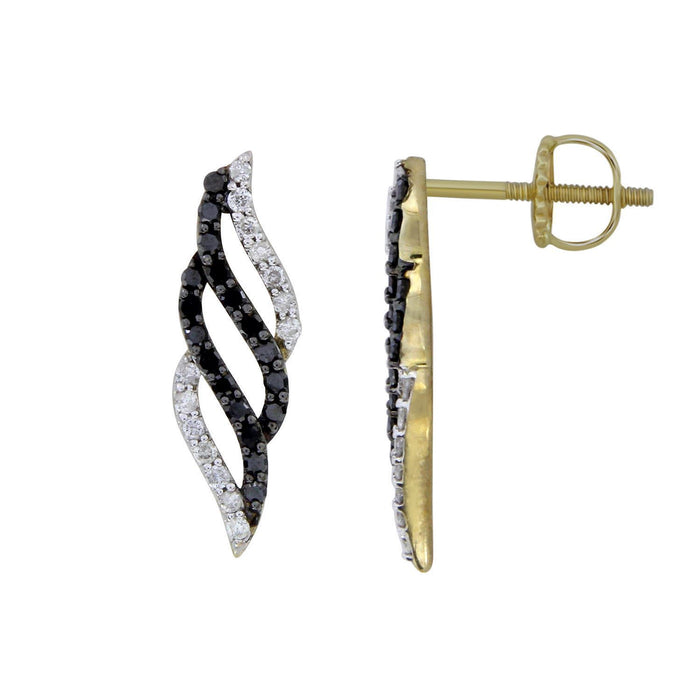 LADIES EARRINGS 3/4 CT WHITE/BLACK ROUND DIAMOND 10K YELLOW GOLD