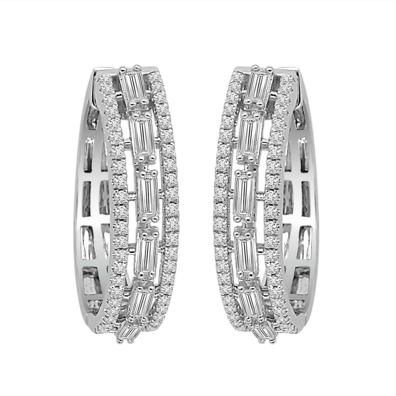 LADIES HOOPS 1 CT ROUND/BAGUETTE DIAMOND 10K WHITE GOLD