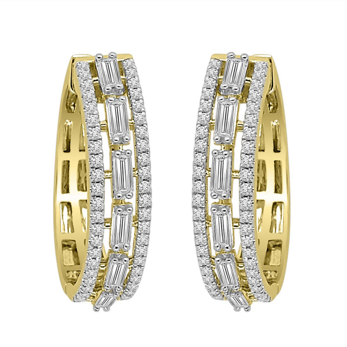 LADIES HOOPS 1 CT ROUND/BAGUETTE DIAMOND 10K YELLOW GOLD