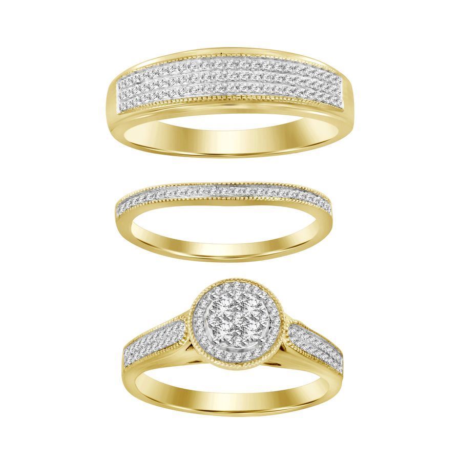 LADIES TRIO RING SET 1/2 CT ROUND DIAMOND 10K YELLOW GOLD