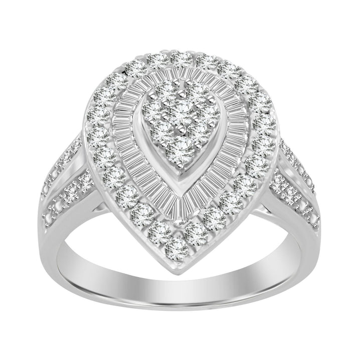 LADIES RING 1 CT ROUND/BAGUETTE DIAMOND 10K WHITE GOLD