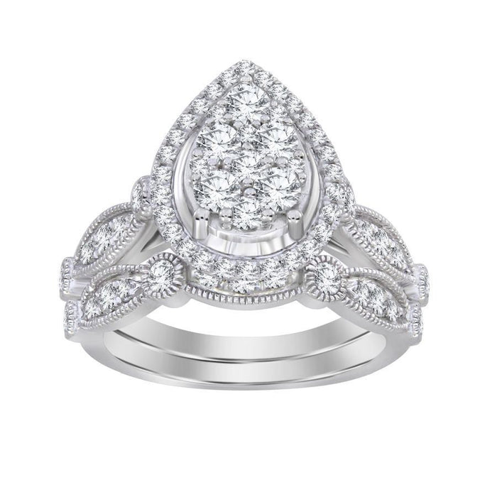 LADIES BRIDAL RING SET 1 CT ROUND DIAMOND 14K WHITE GOLD