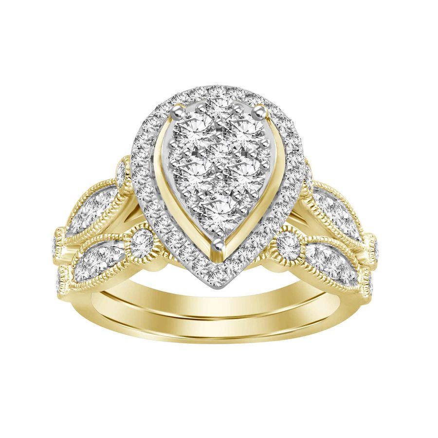 LADIES BRIDAL RING SET 1 CT ROUND DIAMOND 14K YELLOW GOLD