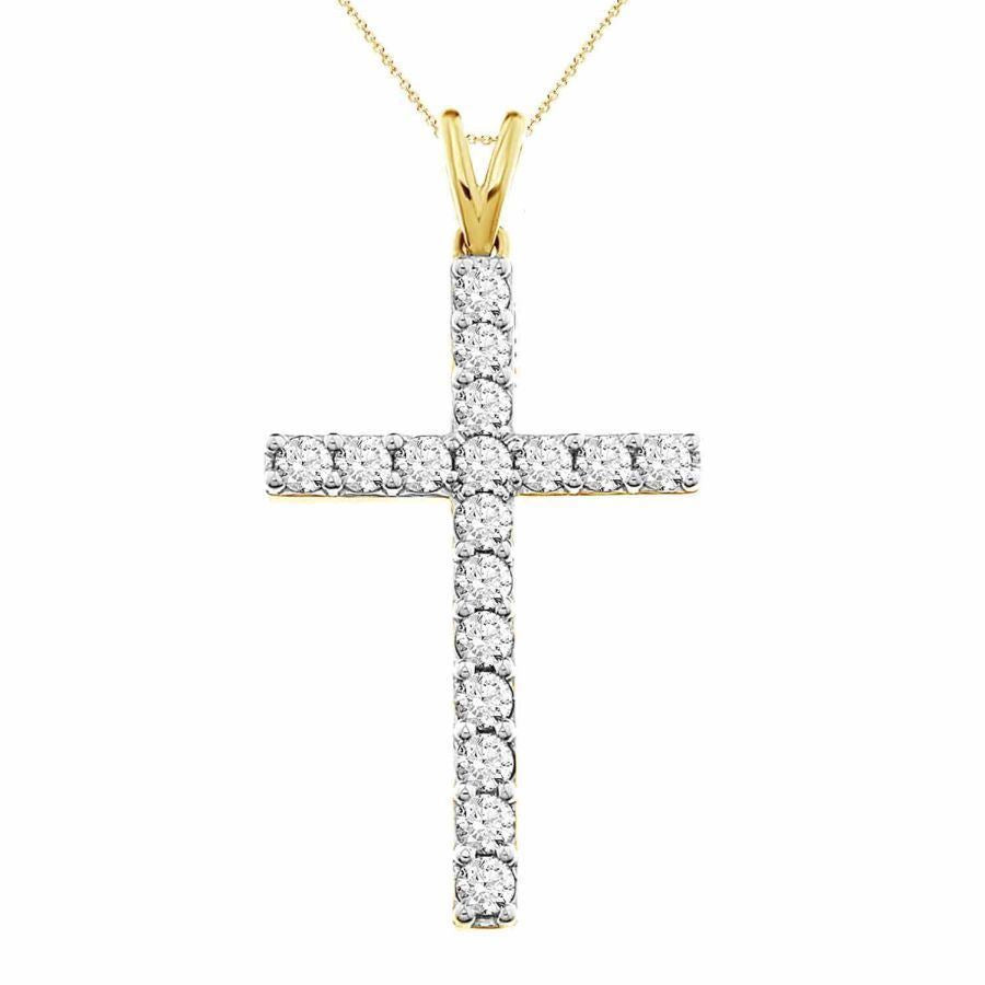 MEN'S CROSS 1 CT ROUND DIAMOND 14K YELLOW GOLD