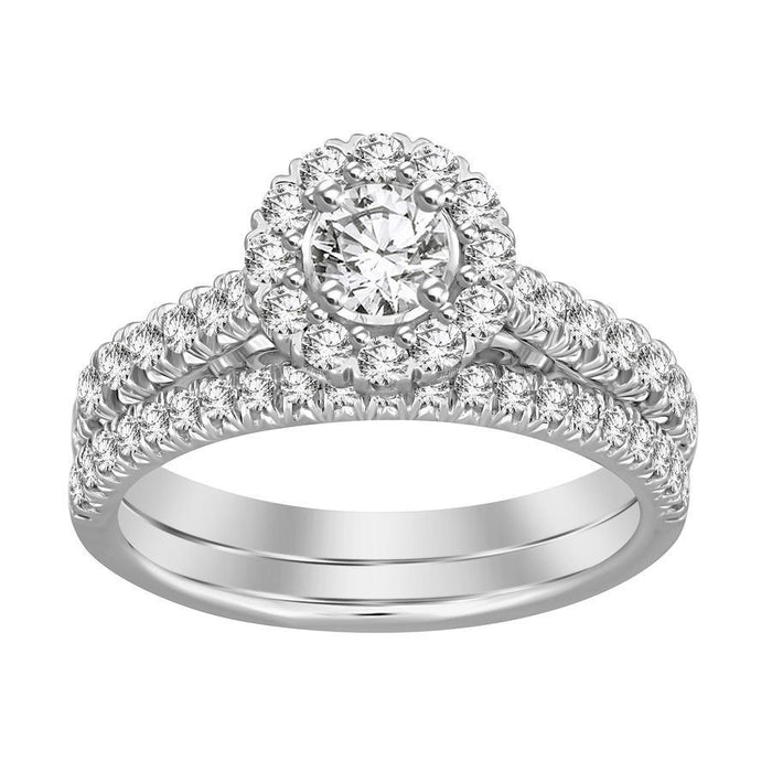 LADIES BRIDAL RING SET 1 CT ROUND DIAMOND 14K WHITE GOLD