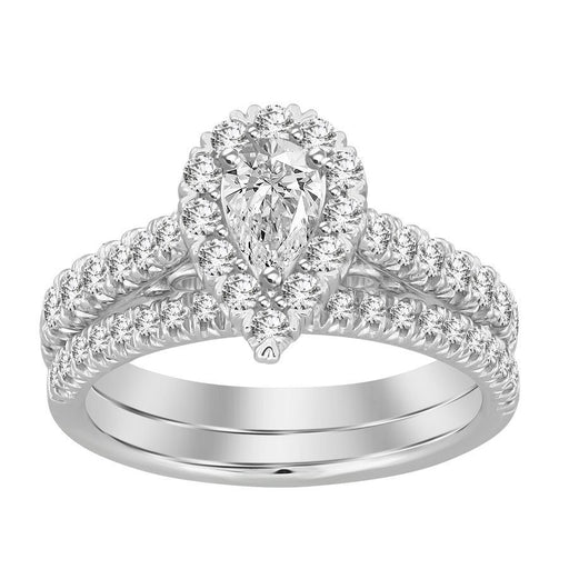 LADIES BRIDAL RING SET 1 CT ROUND/PEAR DIAMOND 14K WHITE GOLD