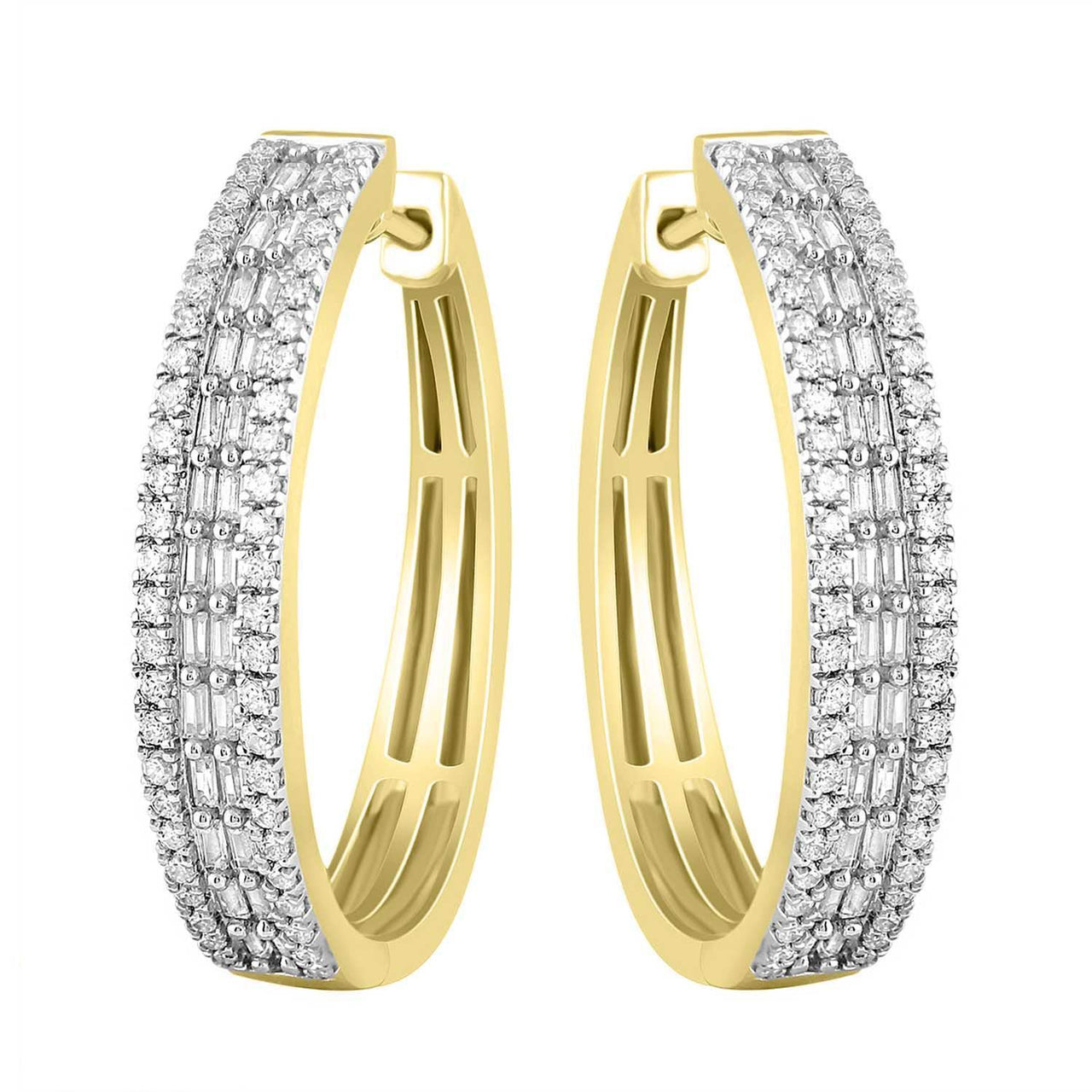 LADIES EARRING 1 CT ROUND/BAGUETTE DIAMOND 10K YELLOW GOLD