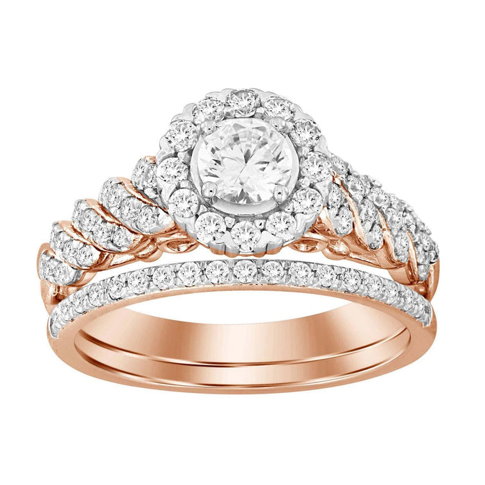 LADIES BRIDAL RING SET 1 CT ROUND DIAMOND 14K ROSE GOLD