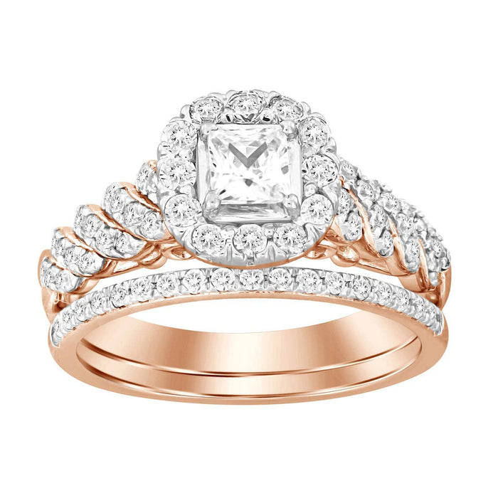 LADIES BRIDAL RING SET 1 CT ROUND/PRINCESS DIAMOND 14K ROSE GOLD