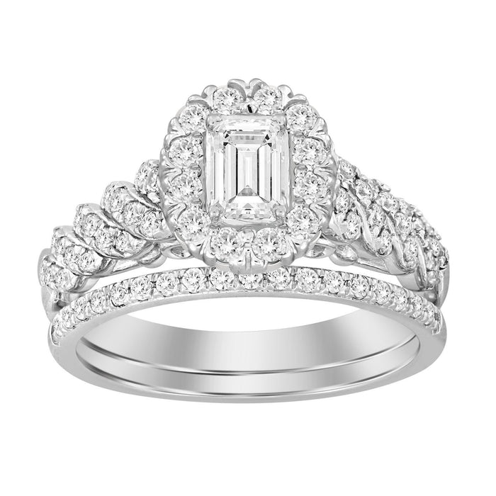 LADIES BRIDAL RING SET 1 CT ROUND/BAGUETTE DIAMOND 14K WHITE GOLD