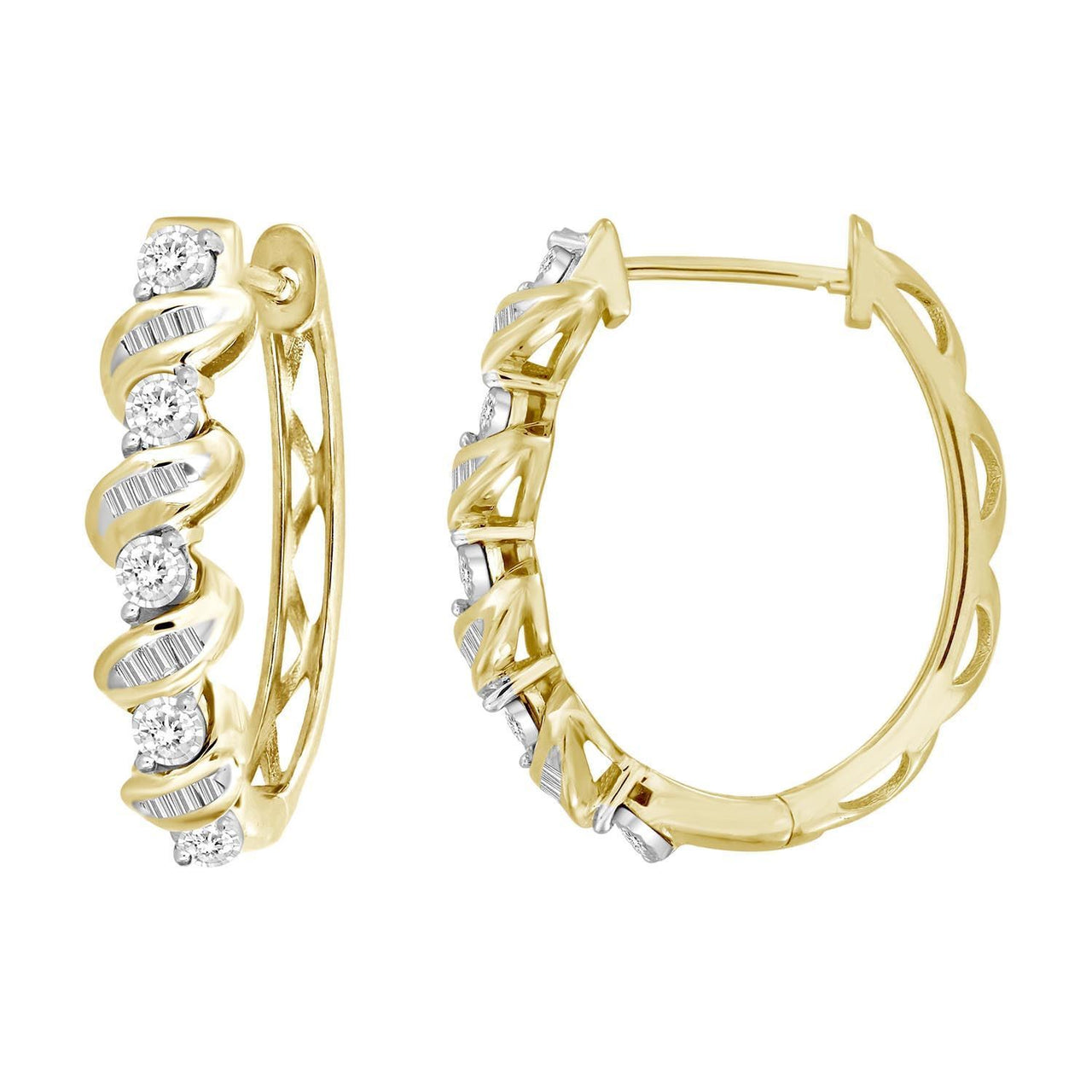 LADIES HOOPS 1/4 CT ROUND DIAMOND 10K YELLOW GOLD